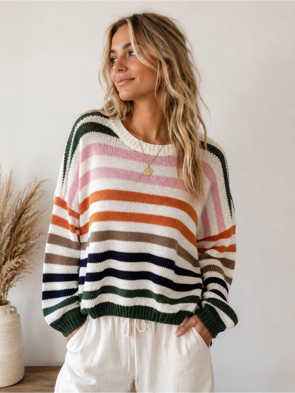 Lumiere Striped Crewneck Sweater in Pink, Orange, Green & Navy